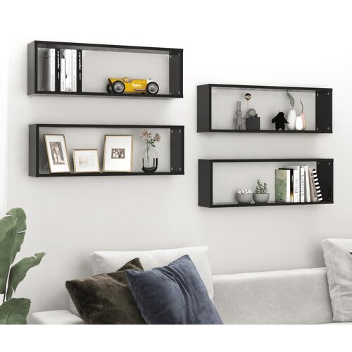 vidaXL Stenske police kockaste 4 kosi visok sijaj črne 80x15x26,5 cm Cene