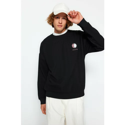 Trendyol Black Men's More Sustainable Oversize Crew Neck Long Sleeve Embroidery Detailed Sweatshirt.