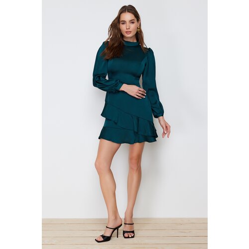 Trendyol Emerald Green Flounce Skirt Satin Woven Dress Slike