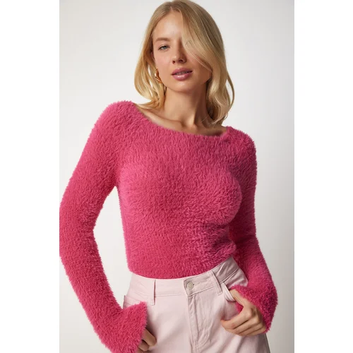  Women's Fuchsia Boat Collar Bearded Knitwear Sweater