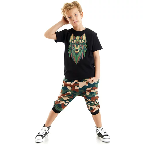 Mushi Wolf Boy Black T-shirt Camouflage Capri Shorts Summer Suite