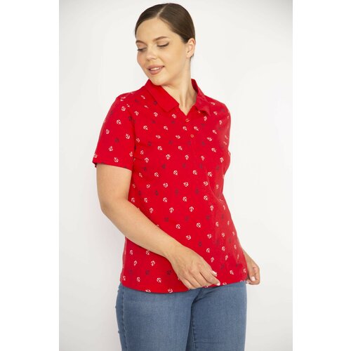 Şans Women's Red Plus Size Cotton Fabric Marine Pattern Front Buttoned Short Sleeve Blouse Slike