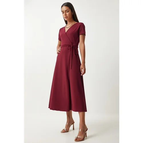 Happiness İstanbul Women's Burgundy V-Neck Wrap Midi Knitted Dress