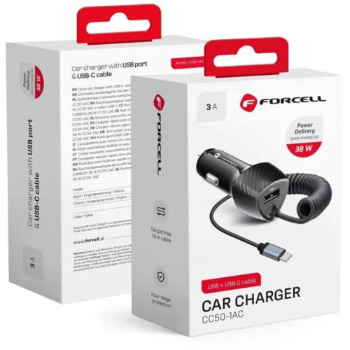 forcell 38 W avtomobilski polnilec USB z vgrajenim kablom USB-C za pametni telefon in tablicni racunalnik, - karbonsko crn, (20516754) Cene