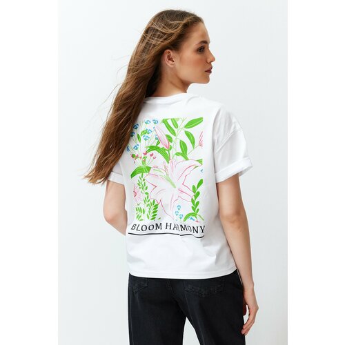Trendyol White Premium Relaxed/Wide Fit Crew Neck Front and Back Printed Knitted T-Shirt Cene