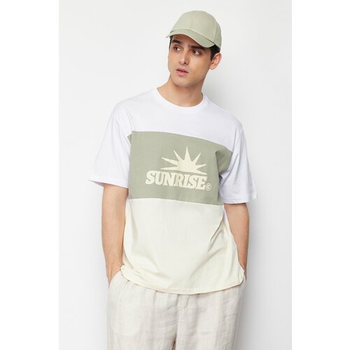 Trendyol mint men's relaxed/comfortable cut text printed color blocked 100% cotton short sleeve t-shirt Slike