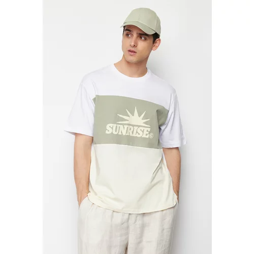 Trendyol Mint Men's Relaxed/Comfortable Cut Text Printed Color Blocked 100% Cotton Short Sleeve T-Shirt