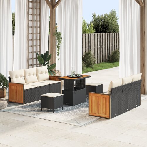 vidaXL 9-delni vrtni sofa set z blazinami črn poli ratan akacija Cene