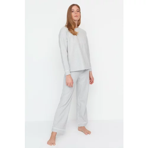 Trendyol Gray Melange Piping Detailed Thessaloniki Knitted Pajamas Set