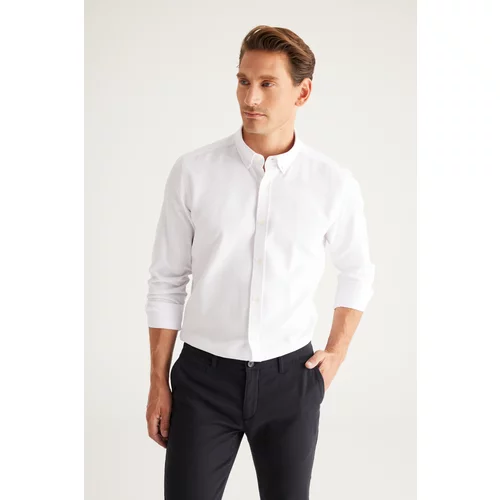 AC&Co / Altınyıldız Classics Men's White Buttoned Collar Easy to Iron Cotton Slim Fit Slim Fit Oxford Shirt