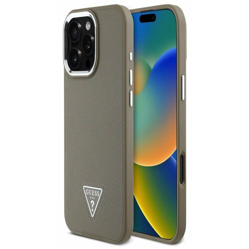 Guess PU Grained Triangle Logo Zadní Kryt pro iPhone 16 Pro Brown Ovitek za telefon Vijolična Cene