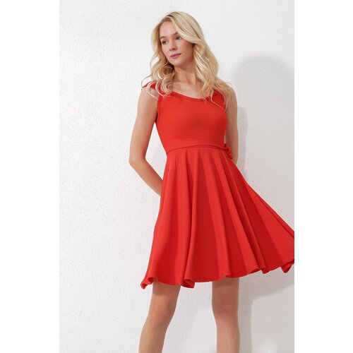 Trend Alaçatı Stili Women's Coral Thick Strappy Skirt Flounce Tied Belted Dress Slike