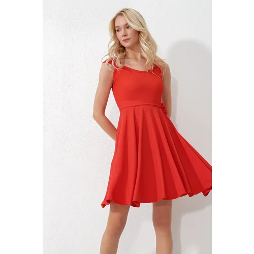 Trend Alaçatı Stili Women's Coral Thick Strappy Skirt Flounce Tied Belted Dress