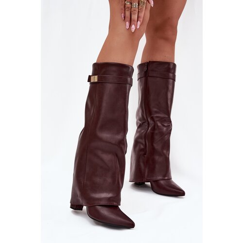 Boto Women's Ankle Boots With Block Heel Rolled Down Shaft And Gold Detail Burgundy Diorna Cene