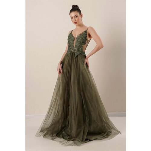 By Saygı Lined Long Tulle Dress with Guipure Beads and Beads with Thread Straps Khaki Slike