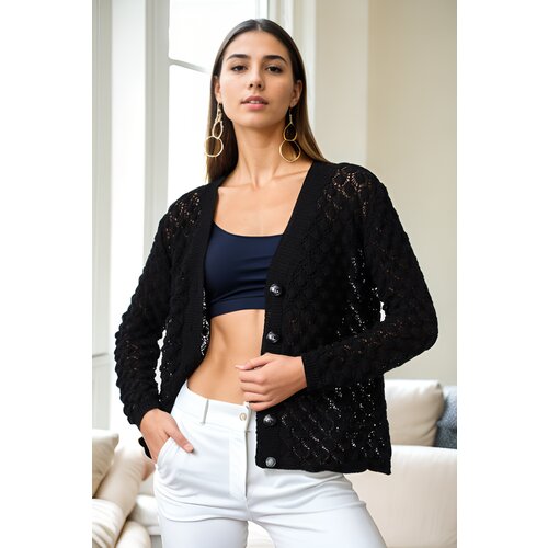 Dewberry 20317 Patterned Buttoned Seasonal Cardigan-BLACK Slike