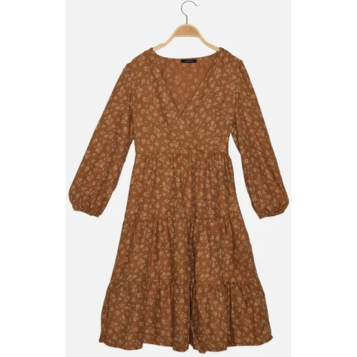 Trendyol Camel Double Breasted Collar Ruffle Dress