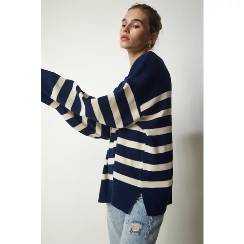 Happiness İstanbul Women's Navy Blue Bone Striped Oversize Knitwear Sweater