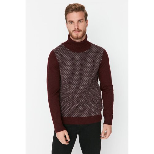 Trendyol Claret Red Men Slim Fit Turtleneck Jacquard Paneled Smart Knitwear Sweater Cene