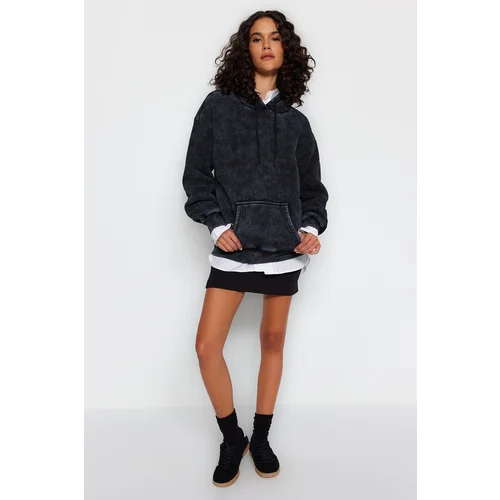 Trendyol Anthracite Anthracite/Faded Effect Thick Fleece Oversized Fit Hoodie, Knitted Sweatshirt