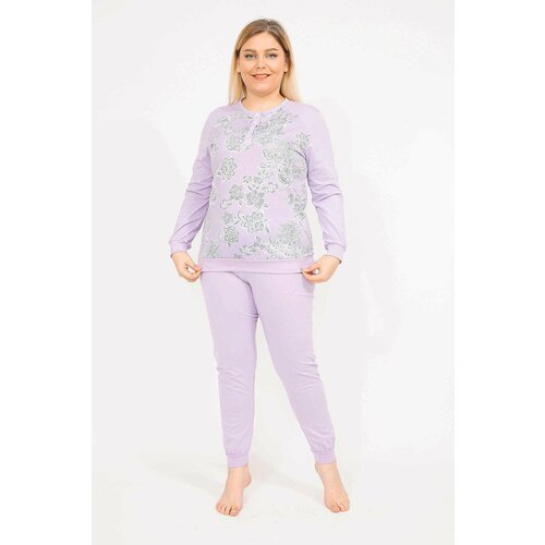 Şans Women's Lilac Plus Size Cotton Fabric Blouse Trousers Pajamas Suit Slike