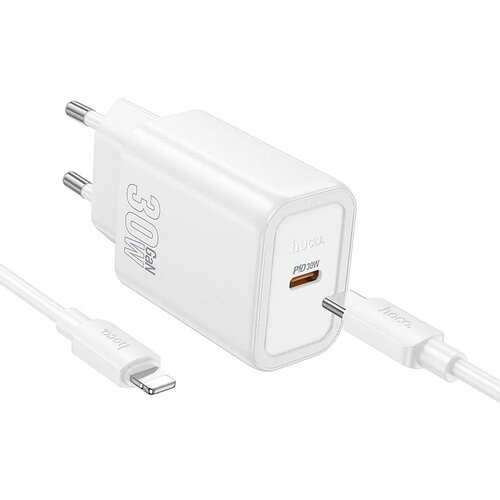 Hoco. USB-C QC PD 30W stenski polnilec za telefon + USB-C na Lightning kabel N62 bel Slike