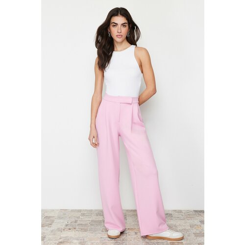 Trendyol Pink Belt Velcro High Waist Pleated Wide Leg Knitted Trousers Slike