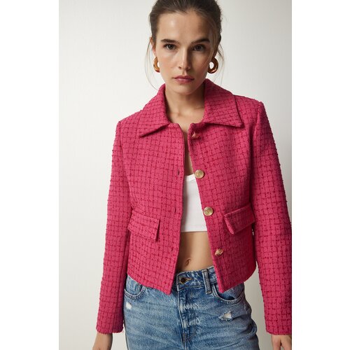  Women's Pink Tweed Crop Jacket Cene