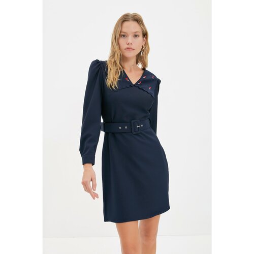 Trendyol Navy Blue Belted Embroidered Dress Slike