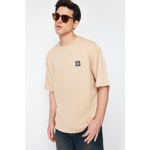 Trendyol Beige Men's Oversize Compass Label 100% Cotton T-Shirt Slike