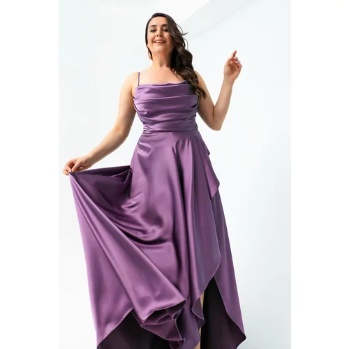 Lafaba Women's Lavender Plus Size Satin Evening Dress with Ruffles and a Slit Prom Prom Dress