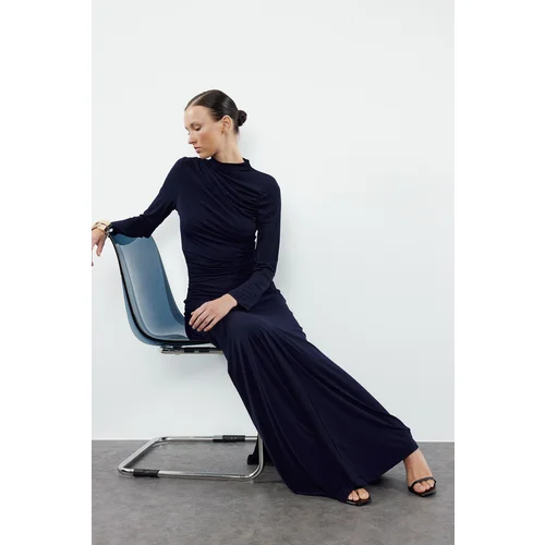 Trendyol Navy Blue Fitted High Neck Long Sleeve Flexible Maxi Knitted Dress