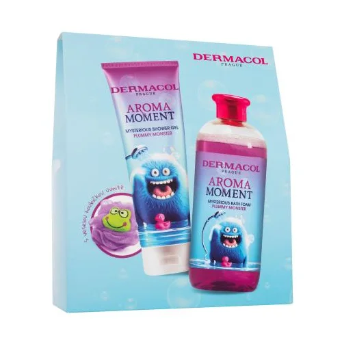 Dermacol Aroma Moment Plummy Monster set: pena za kopel Plummy Monster 500 ml + gel za prhanje Plummy Monster 250 ml + gobica za prhanje za otroke