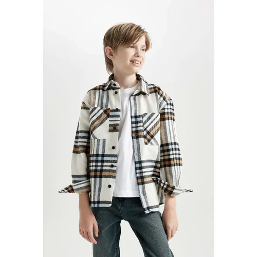 Defacto Boy Oversize Fit Wide Mold Polo Collar Flannel Pocket Plaid Long Sleeve Shirt