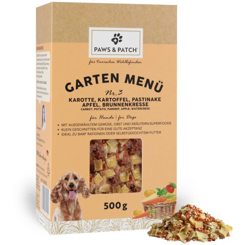 PAWS & PATCH Garten Menu za pse - Br. 3: Mrkva, krumpir, pastrnjak, jabuka, potočarka (500 g) Cijene