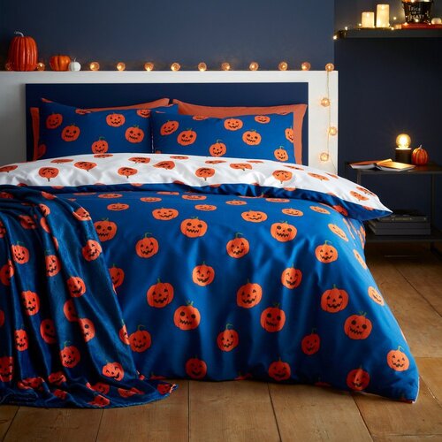 Catherine Lansfield Modra/oranžna enojna posteljnina 135x200 cm Halloween Pumpkins &amp;ndash; Slike