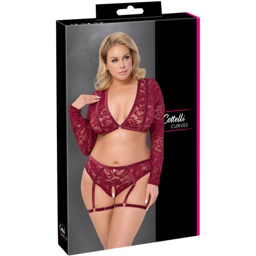 Cottelli Curves - dolg rokavni čipkasti komplet (rdeč) - 2XL Slike