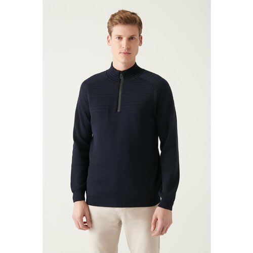 Avva Men's Navy Blue Half Zipper High Neck Knit Detail Cotton Standard Fit Regular Cut Knitwear Sweater Cene