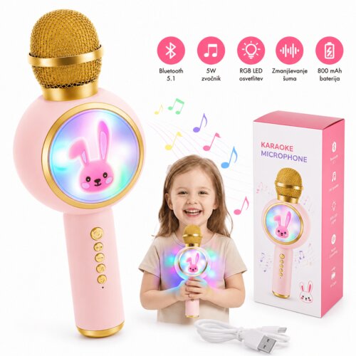  Karaoke mikrofon Bluetooth za otroke &amp;ndash; brezžični mikrofon z zvočnikom, RGB LED, USB-C, roza Slike