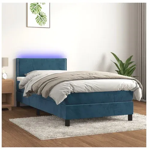  Box spring postelja z vzmetnico LED temno modra 100x200cm žamet