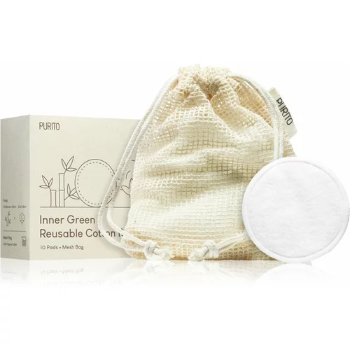 PURITO Inner Green Reusable Cotton Rounds Bombažne blazinice za odstranjevanje ličil in čiščenje obraza 10 kos