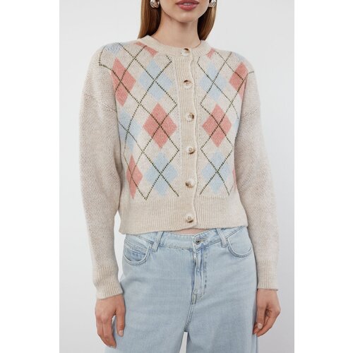 Trendyol Stone Soft Textured Diamond Patterned Jacket-Looking Knitwear Cardigan Slike