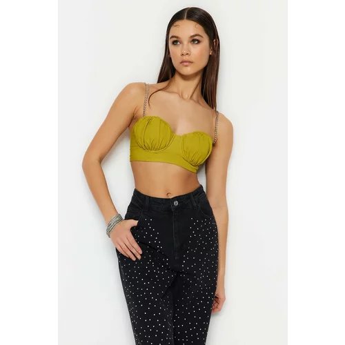 Trendyol Light Green Crop Lined Woven Bustier with Shiny Stones