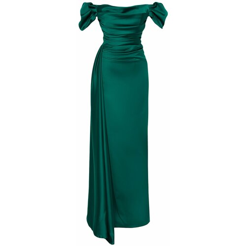 Trendyol emerald green draped satin long evening dress Cene