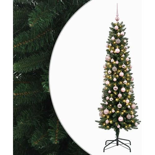  Umjetno usko božićno drvce s kuglicom 210 cm 300 LED lampica - 210 cm s LED-ima i ružičastim lopticama Zelena Slike