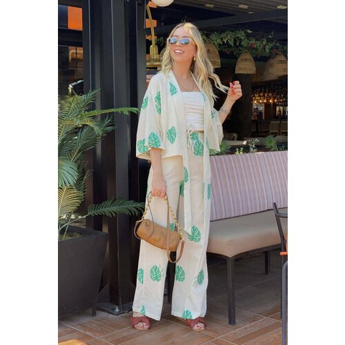 Laluvia Green Leaf Patterned Kimono Set Slike