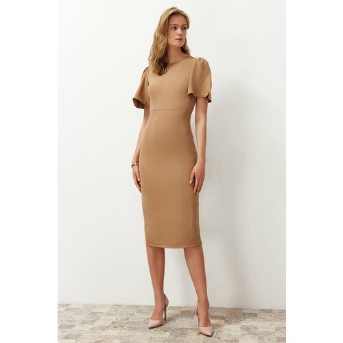 Trendyol mink a-line midi pencil skirt woven dress with pleat detail on the sleeve Cene