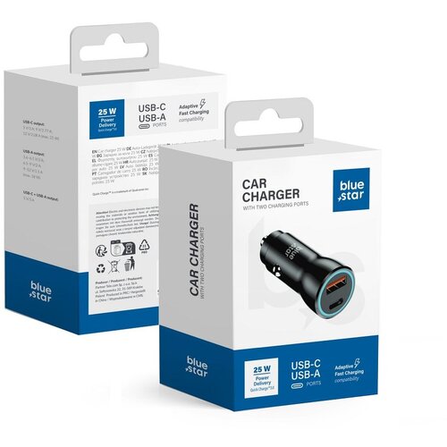 Blue Star auto punjač 25W (pd, qc 3.0, afc, pps) + usb-a i usb-c port crni Slike