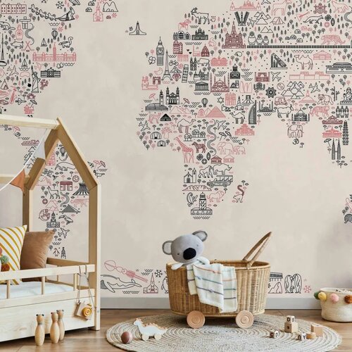  Foto tapeta - Map With Icons - Cartoon Representation of the World in Pastel Colours 350x256 Vodootporna Cene