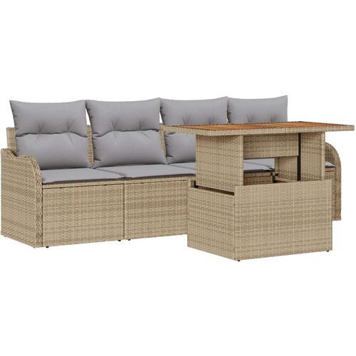  Garnitura za vrt od 5 dijelova s jastučićima Bež poliratan Dvosjedna vrtna sofa s odlaganjem i jastučićima Bež poliratan Slike